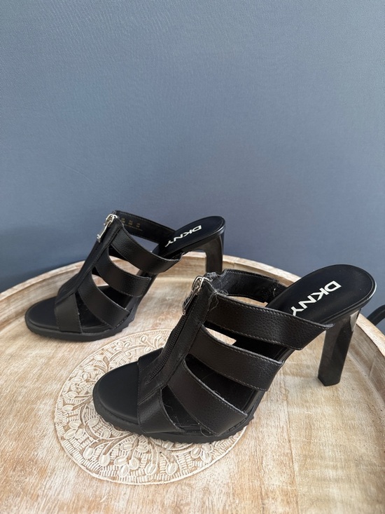 DKNY Black Strappy Zip Mule Heels - Picture 3 of 5